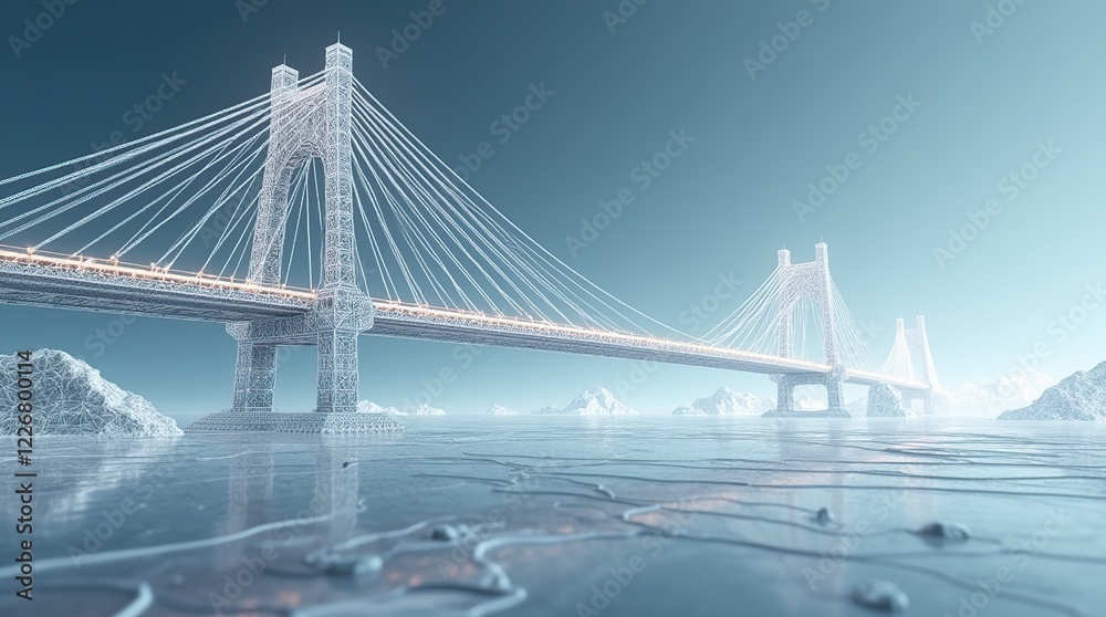 Obraz premium Futuristic Wireframe Bridge Rendering Over a Frozen River with Icy Details