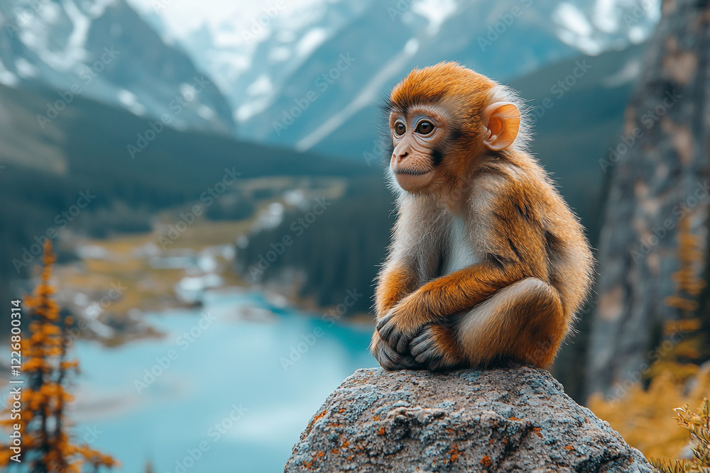 Naklejka premium Young Monkey Sitting on Rock Mountain View