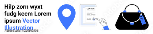Free Download Blue location pin, hand signing contract document, and a designer handbag with a blue tag. Ideal for business, shopping, agreements, navigation, legal services, contracts flat landing page banner - GFXLoad