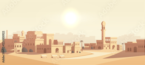 Middle Eastern cityscape with traditional architecture, palm trees, and a bright sunlit background. Concept of urban desert scenery. Vector illustration.