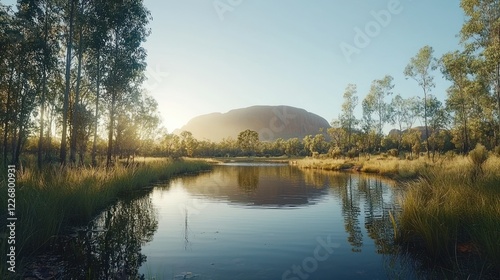 Sunrise over Uluru reflected in calm water with trees.
