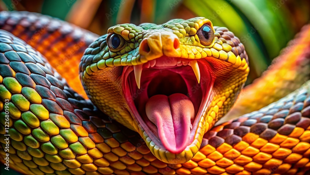Fototapeta premium Venomous Snake, Coiled, Open Mouth, Wildlife, Nature, Photography, Candid