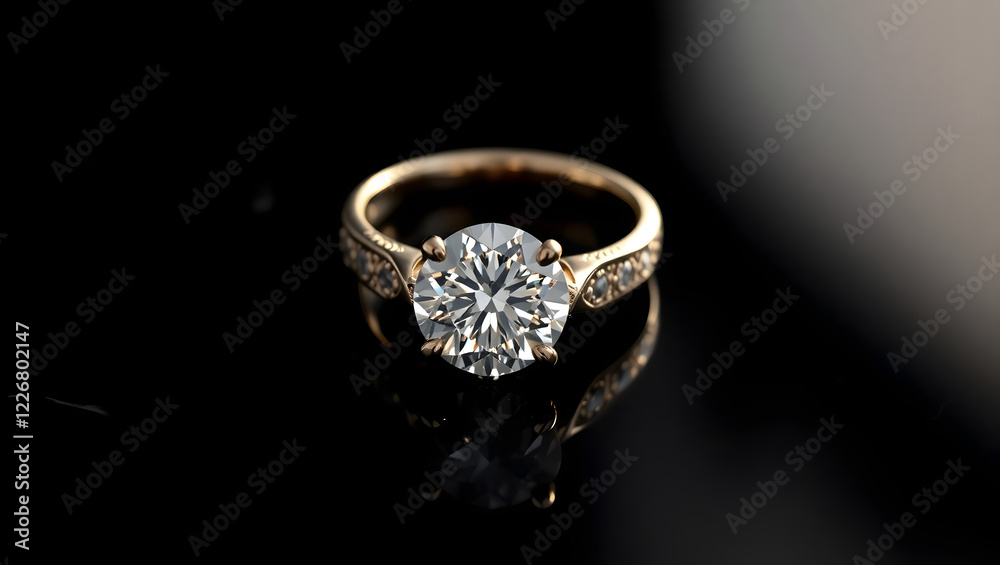 close-up of a luxury diamond ring centered on a sleek, glossy black onyx surface, which subtly reflects the stone's brilliance close-up of a luxury diamond ring centered on a sleek, glossy black onyx surface, which subtly reflects the stone's brilliance
