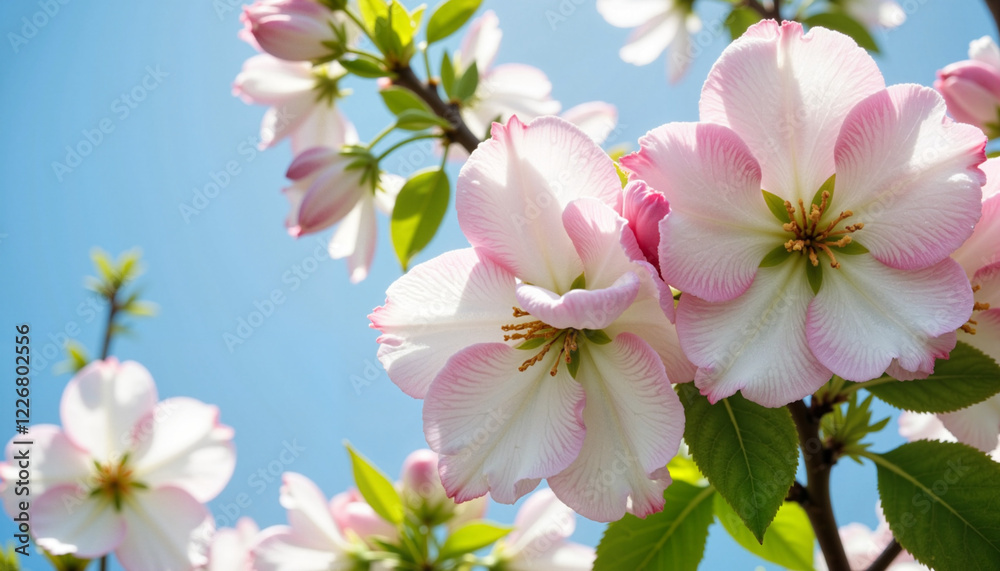 Obraz premium Blooming cherry blossoms against a clear blue sky