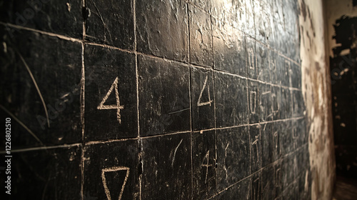 Wall tally marks, prison day counting jail hash symbols. Vector hand drawn chalk lines with slash strokes clustered in groups of four on black chalkboard background, unary numeral system photo