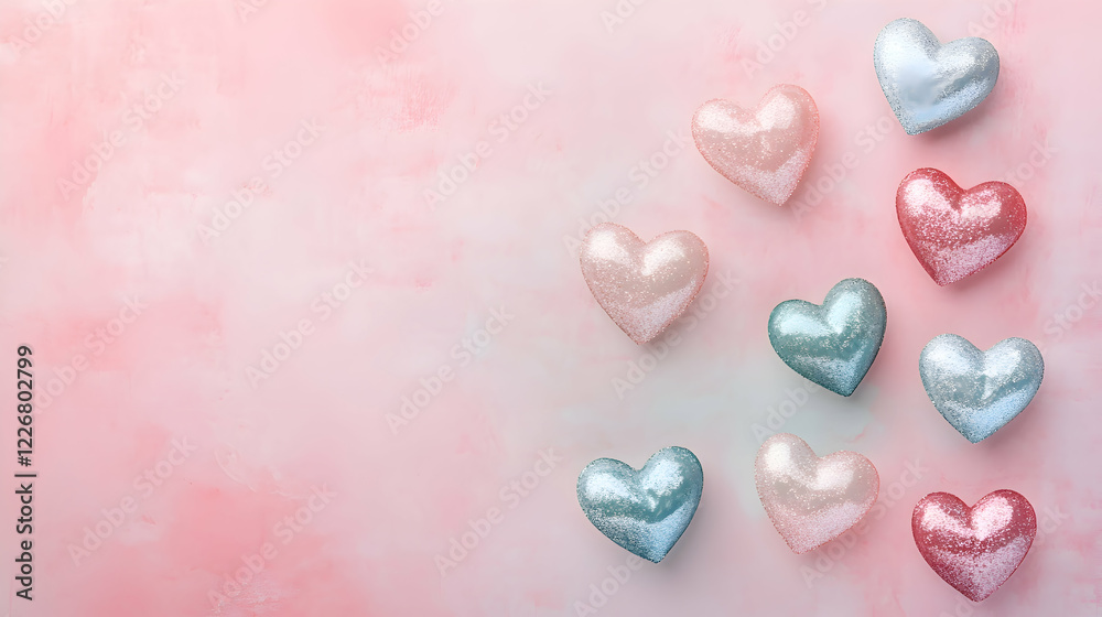 Fototapeta premium A dreamy layout of glittery hearts floating over a light pink and white gradient