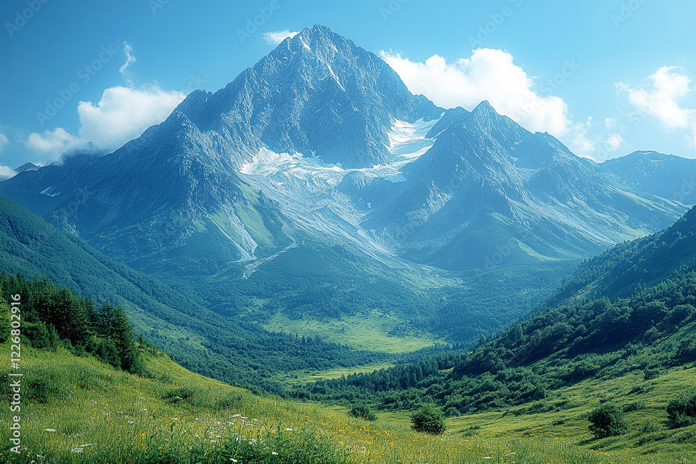 Obraz premium Majestic Mountain Peak and Verdant Valley Landscape
