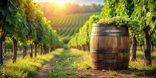 Wallpaper Mural Wooden wine barrel sits in vineyard among rows of lush green vines and grapes , wine barrel Torontodigital.ca