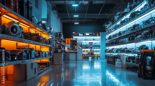 A brightly lit car parts store showcasing shelves of electric vehicle accessories. digital