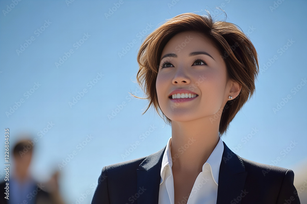 Ambitious Young Asian Businesswoman with Long Dark Hair in Elegant Formal Attire Standing in Front of Modern Skyscrapers, Representing Diversity, Leadership, and Urban Career Success