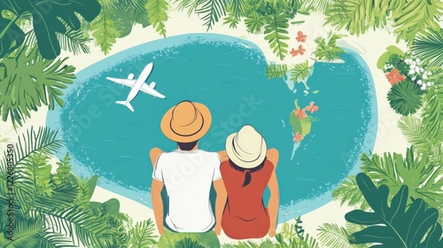 A couple enjoying a tropical beach view with an airplane flying overhead, surrounded by lush greenery photo