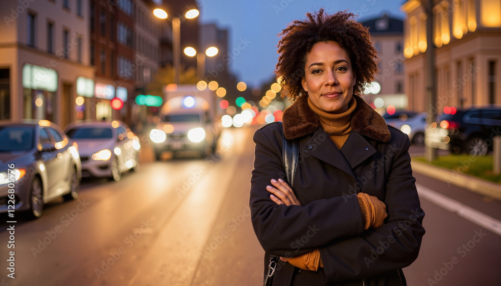 Fototapeta premium Confident woman walking in city at night, urban elegance