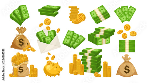 Collection of money-themed icons with banknotes, gold coins, piggy bank, and dollar bags on white background. Concept of wealth. Vector illustration