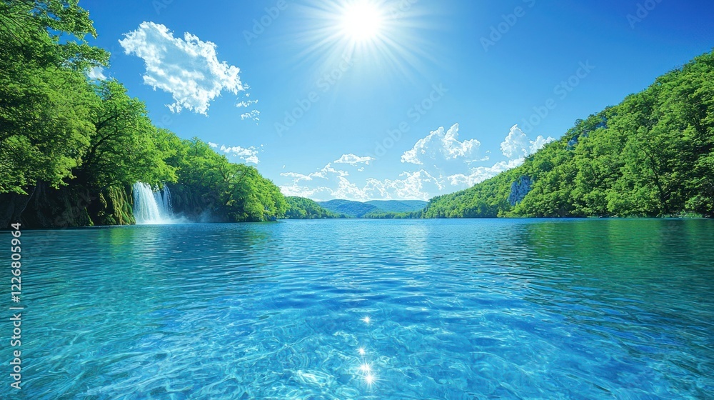 Tranquil lake with waterfalls and lush greenery under a sunny sky. Tranquil lake with waterfalls and lush greenery under a sunny sky.