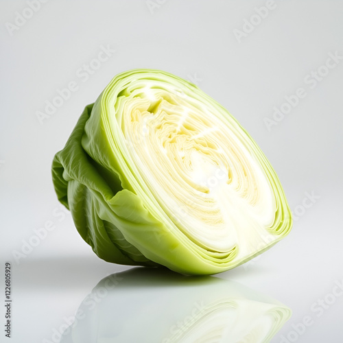 Half a raw green cabbage on a reflective white background photo