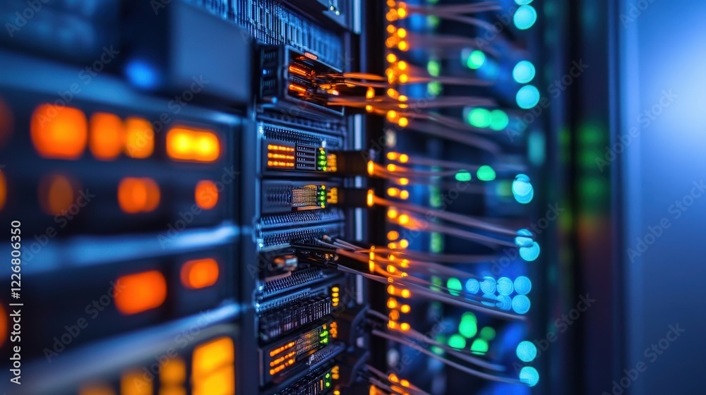 Naklejka premium Close-Up View of Modern Server Rack with Network Cables and Lights