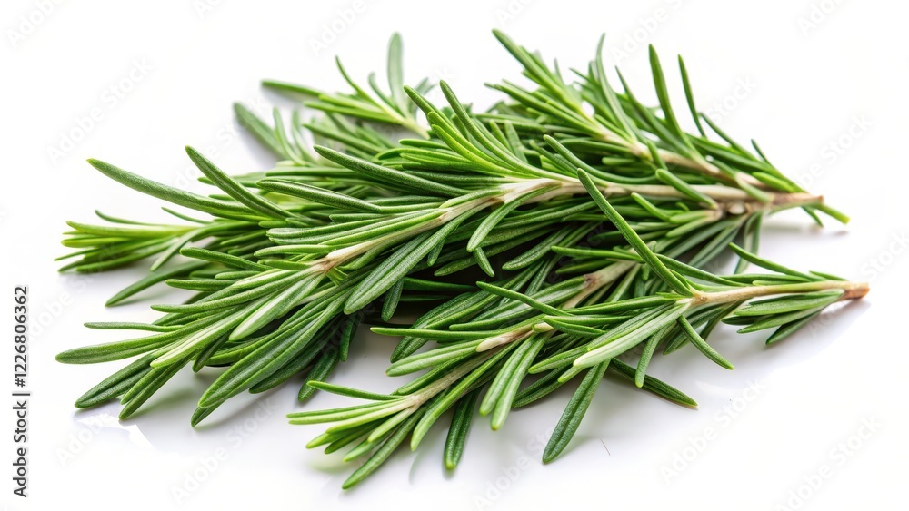 Fototapeta premium Fresh rosemary leaves scattered on a plain white background, showcasing their delicate texture and vibrant green color
