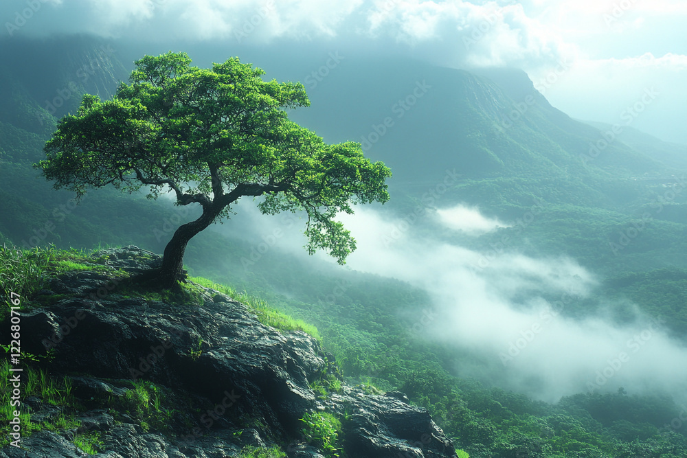 Solitary Tree on Mountaintop Amidst Misty Valley Solitary Tree on Mountaintop Amidst Misty Valley