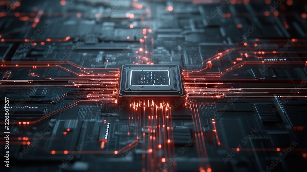 Obraz premium High-Tech Circuit Board with Red Light and Microprocessor Details