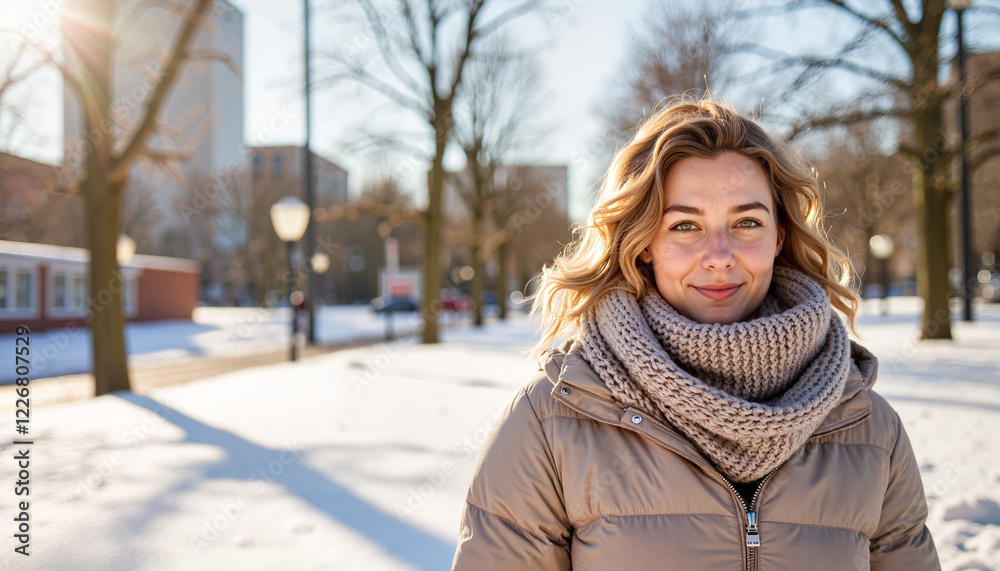 Smiling woman in snowy park at noon, winter joy Smiling woman in snowy park at noon, winter joy