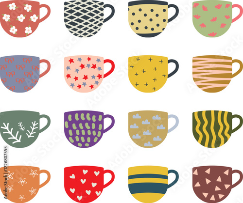 cup illustration set. Colorful and decorative mug for coffee or tea. present comfort image in home, café and restaurant.  