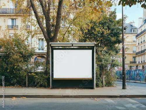 An empty white blank A2 poster mockup at a bus stop in Paris, in daylight, with trees and greenery, on a city street. A mock-up template for advertising design, in high resolution.