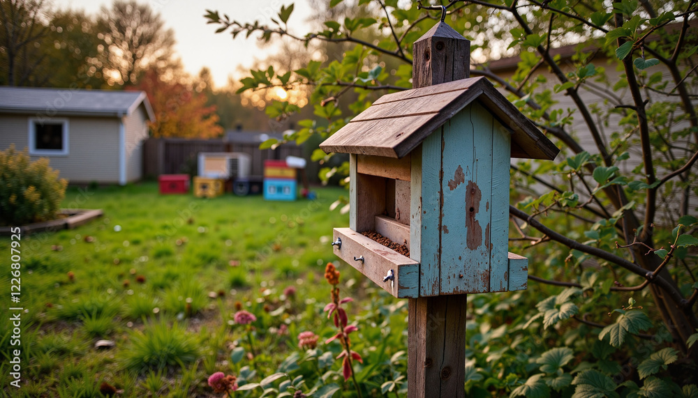 Untidy bird feeder in overgrown garden at dusk, nature's serenity Untidy bird feeder in overgrown garden at dusk, nature's serenity