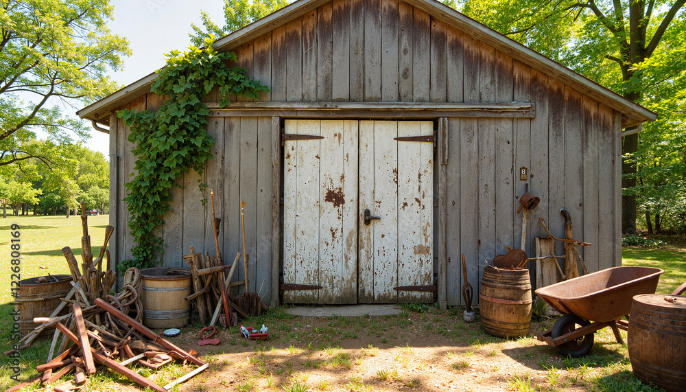 Rustic barn door with peeling paint surrounded by farming tools, nostalgia Rustic barn door with peeling paint surrounded by farming tools, nostalgia