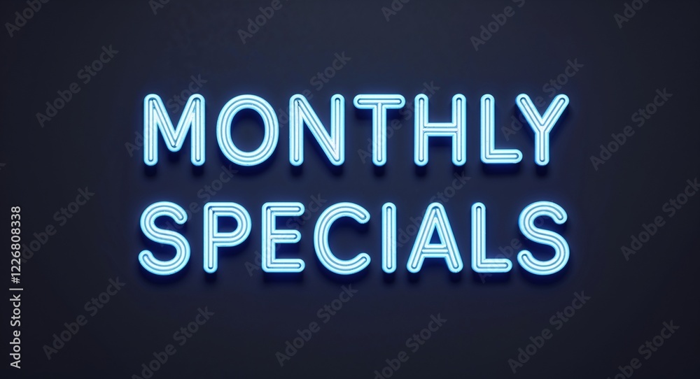 monthly specials word lettering with neon blue glow on plain black dark background monthly specials word lettering with neon blue glow on plain black dark background