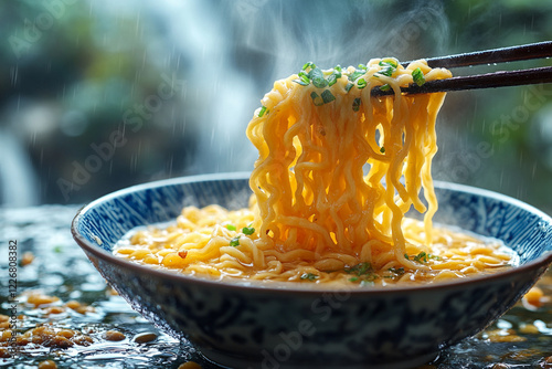 Steaming Noodles Being Lifted From A Bowl In The Rain