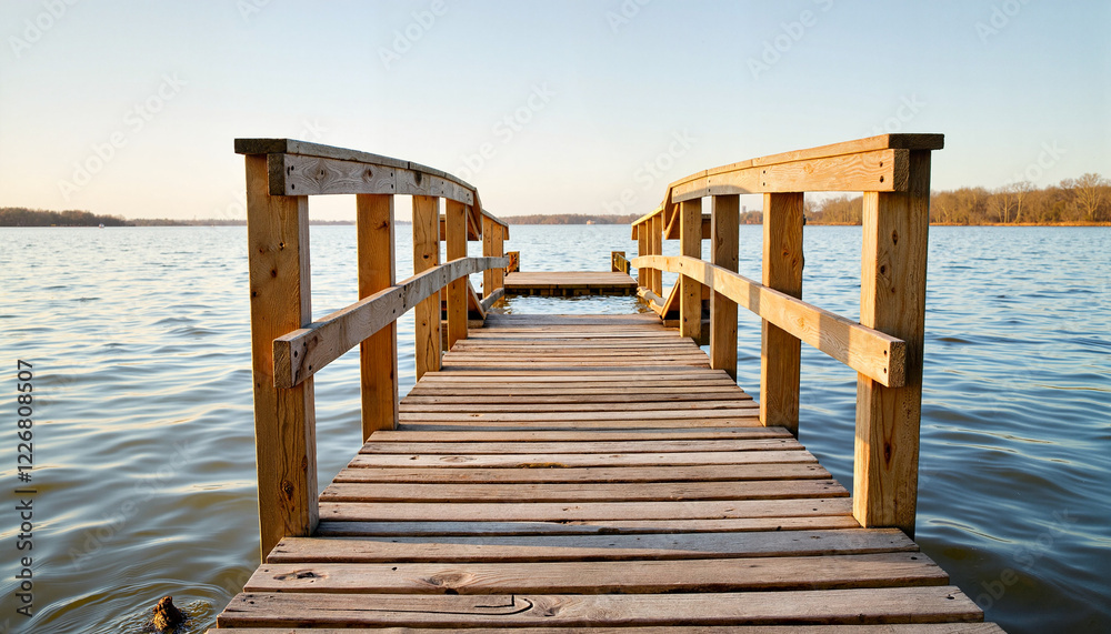 Serene wooden bridge over calm water in bright morning light, tranquility Serene wooden bridge over calm water in bright morning light, tranquility