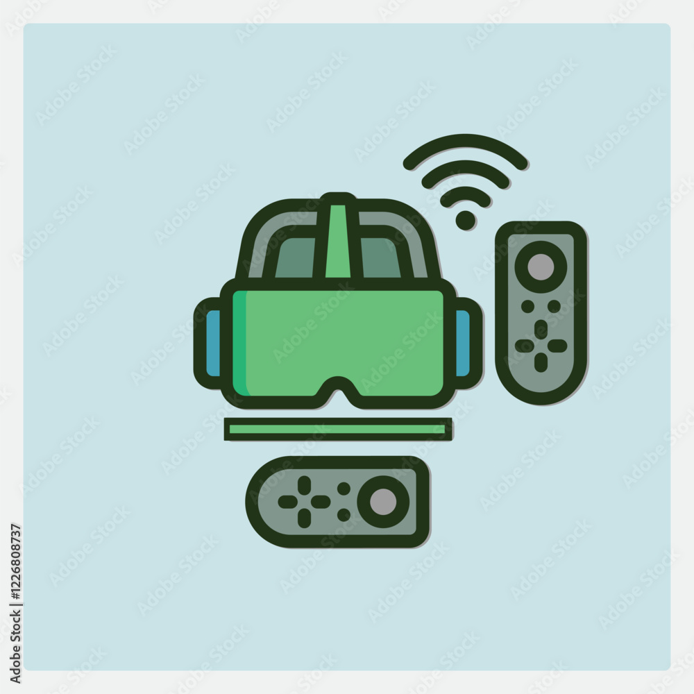 Fototapeta premium Virtual reality headset and two controllers with Wi-Fi signal flat style icon