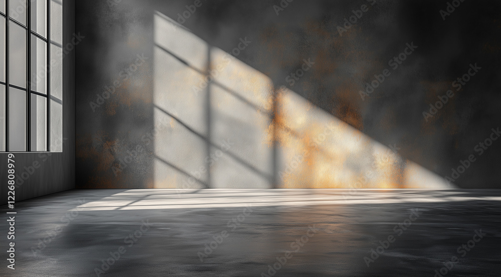 Natural light creates striking shadows in an empty industrial space with weathered walls and polished concrete floor. Generative AI Natural light creates striking shadows in an empty industrial space with weathered walls and polished concrete floor. Generative AI