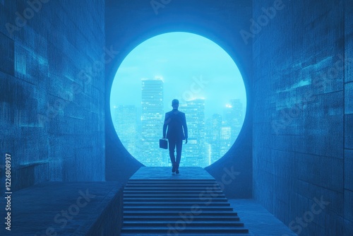 A businessman walks towards a circular portal with a city skyline view in blue tones
