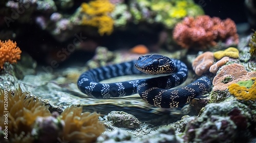 Banded sea krait coiled a crystalclear tidal pool its sleek body and bold patterns creating a mesmerizing contrast against the vivid coral and rocks photo