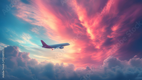 Airplane Flying Above Pink And Blue Sunset Clouds