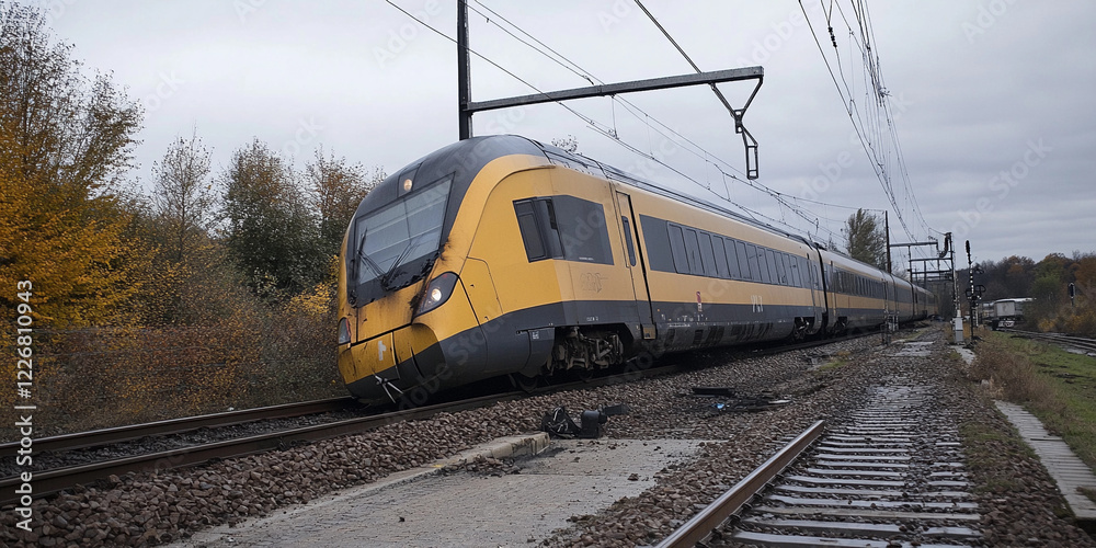 Fototapeta premium Train navigating tracks in a rural area during cloudy weather