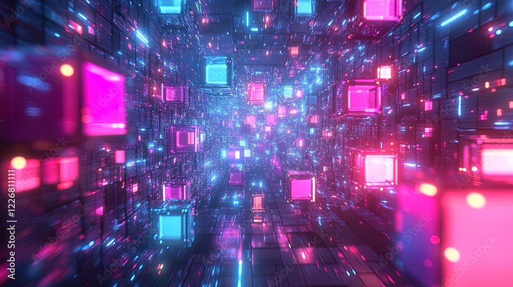Digital blocks representing blockchain data moving through cyberspace with vibrant lights Digital blocks representing blockchain data moving through cyberspace with vibrant lights