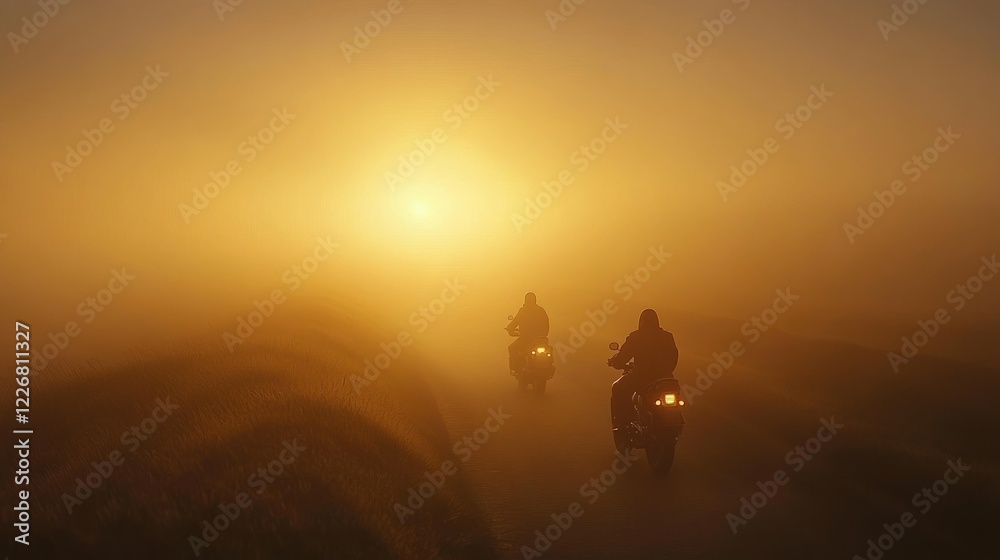 Fototapeta premium Misty dawn road trip, motorcycle riders
