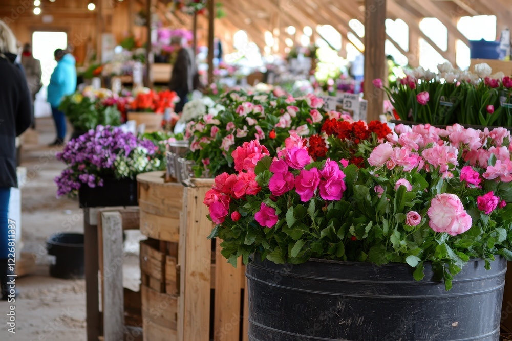 Obraz premium Spring Farmers Market A bustling farmer's market with fresh flowers, fruits, and vegetables displayed on rustic wooden stalls