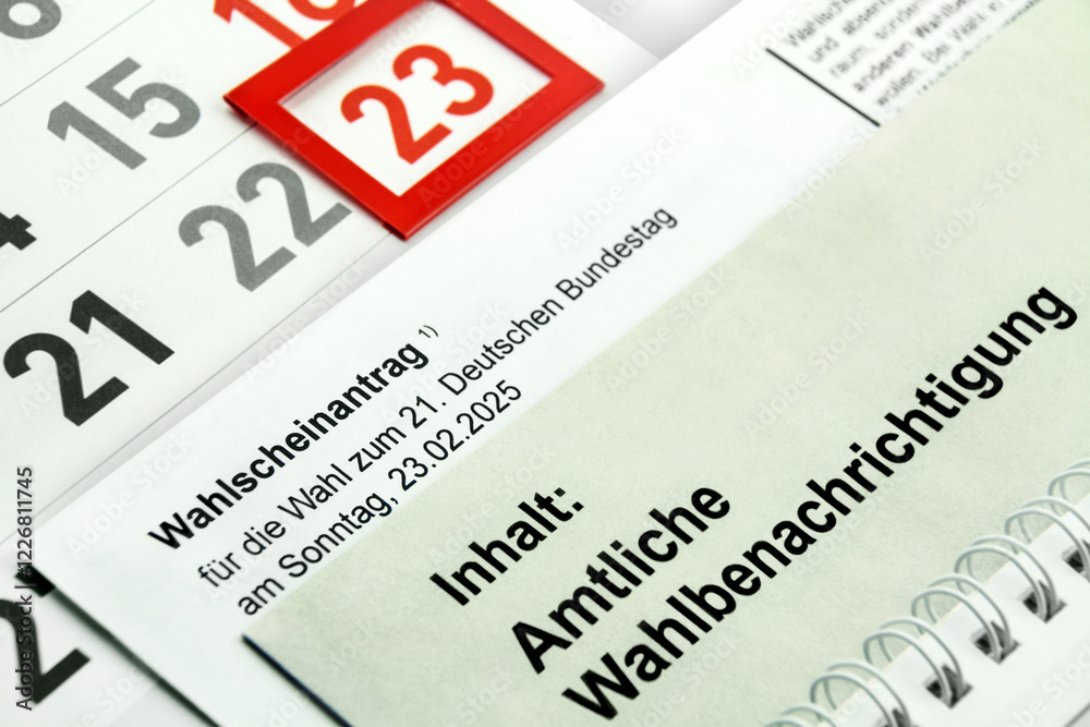 Obraz premium Bundestagswahl in Deutschland Amtliche Wahlbenachrichtigung Wahlscheinantrag 23. Februar 2025