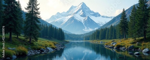 Serene forest landscape with a snow-covered mountain range and a tranquil river, forest, serene