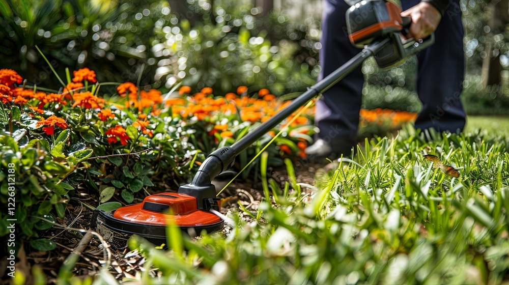 Person using string trimmer near orange flowers Person using string trimmer near orange flowers