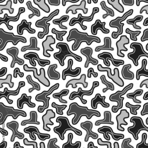 seamless pattern features abstract, organic shapes in black, white, and gray, creating a modern and stylish camouflage design with a dynamic and fluid appearance