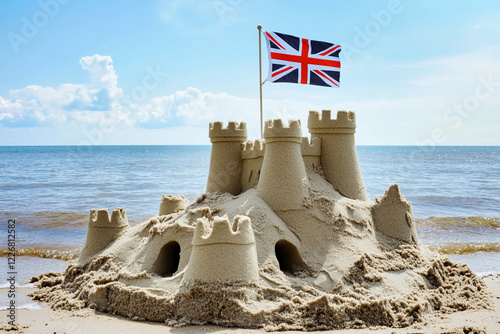 Sandcastle with British flag on a sunny beach photo