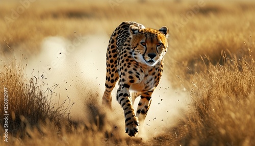 Wild cheetah sprinting across african grassland with copy space