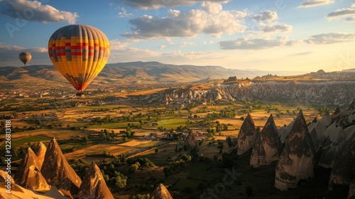 Hot air balloons drift over a beautiful landscape of Cappadocia at sunset creating a unique visual experience