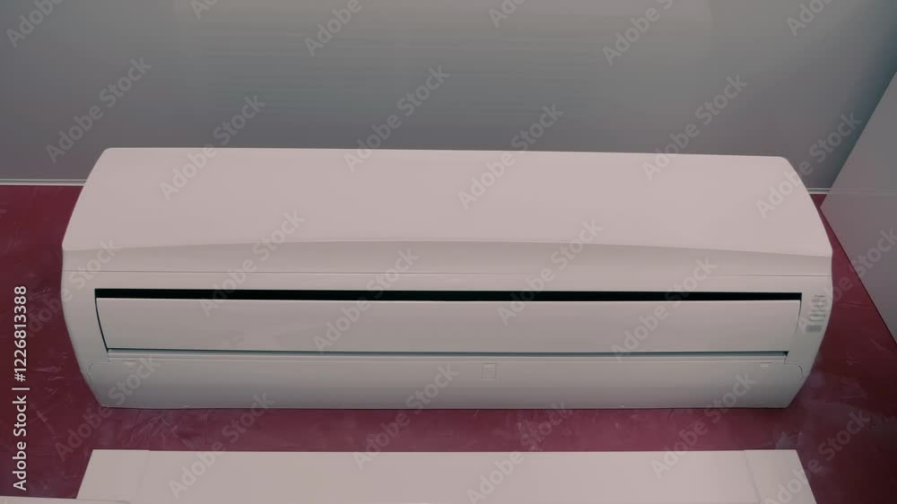 White block of modern air conditioner unit over the door on red wall next to white ceiling. Shot in motion White block of modern air conditioner unit over the door on red wall next to white ceiling. Shot in motion