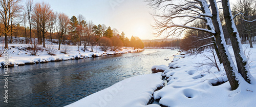 Thawing snow along serene river at sunset, seasonal transition