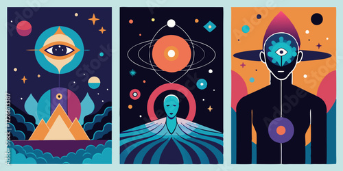 Abstract cosmic artworks with surreal figures and celestial elements